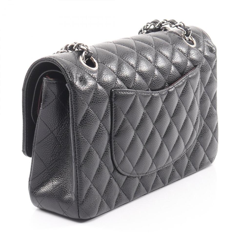 Chanel Black Bag Flap Grained Calfskin Shoulder Matelasse Double Leather Black